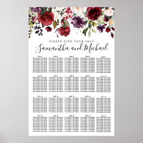 Burgundy Red Floral 20_Table Wedding Seating Chart