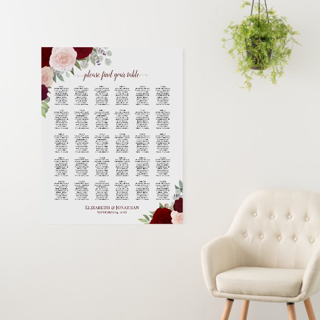 Burgundy Red Floral 30 Table Wedding Seating Chart Foam Board (In Situ (Wall))