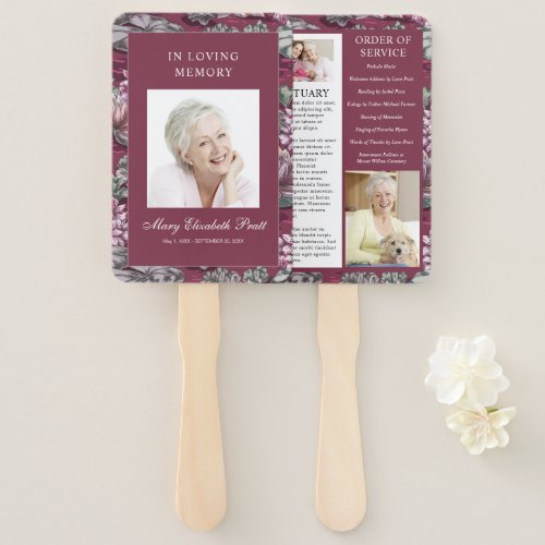 Burgundy Red Floral 3 Photo Funeral Program Hand Fan