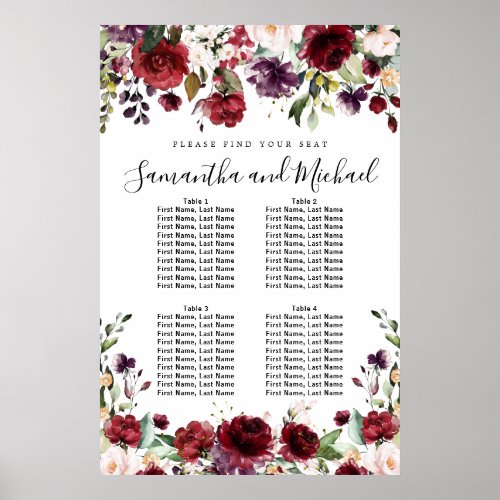 Burgundy Red Floral 4_Table Wedding Seating Chart