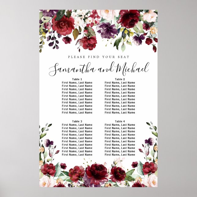 Burgundy Red Floral 4-Table Wedding Seating Chart (Front)