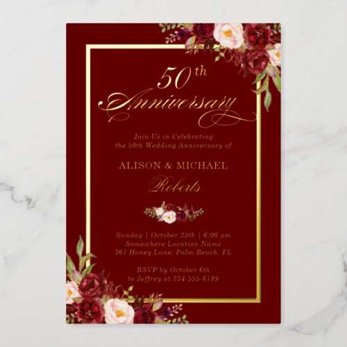 Burgundy Red Floral 50th Wedding Anniversary Gold Foil Invitation
