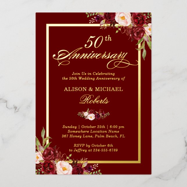 Burgundy Red Floral 50th Wedding Anniversary Gold Foil Invitation (Front)