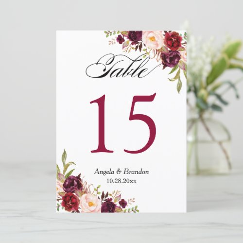 Burgundy Red Floral 5x7 Wedding Table Number