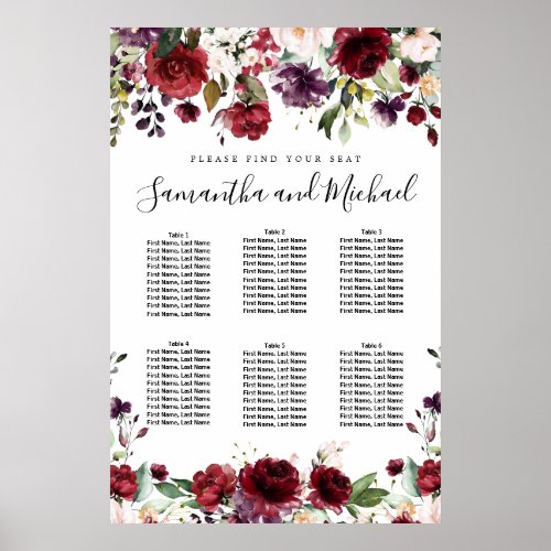 Burgundy Red Floral 6_Table Wedding Seating Chart