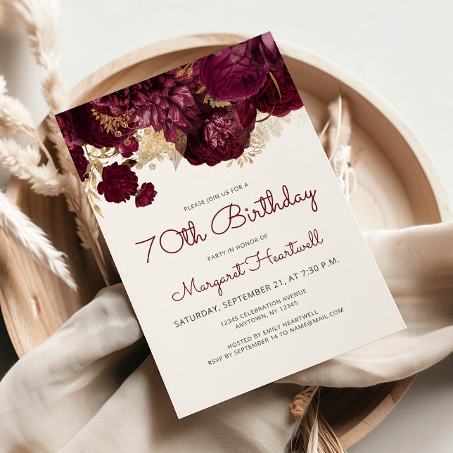 Burgundy Red Floral 70th Birthday Party Invitation (Creator Uploaded)