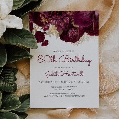 Burgundy Red Floral 80th Birthday Party Invitation