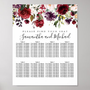 Burgundy Red Floral 8-Table Wedding Seating Chart