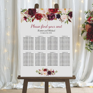 Burgundy Red Floral 8 Tables Wedding Seating Chart