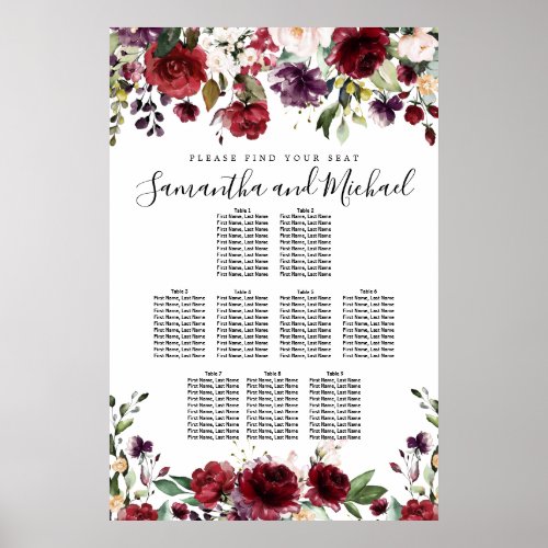 Burgundy Red Floral 9_Table Wedding Seating Chart