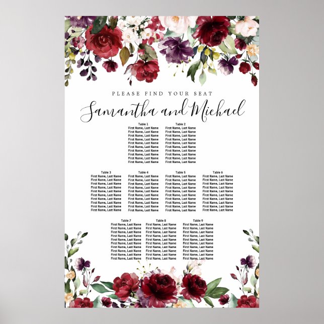 Burgundy Red Floral 9-Table Wedding Seating Chart (Front)