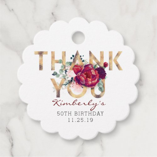Burgundy Red Floral Birthday Thank You Favor Tags