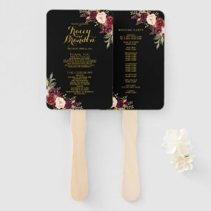 Burgundy Red Floral Black Gold Wedding Program Hand Fan