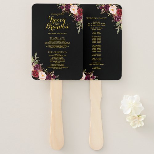 Burgundy Red Floral Black Gold Wedding Program Hand Fan