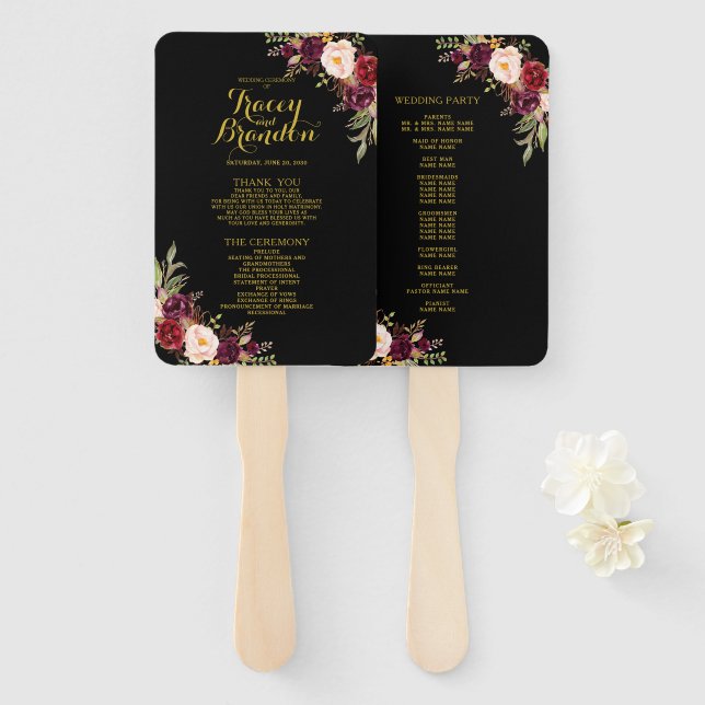 Burgundy Red Floral Black Gold Wedding Program Hand Fan (Front and Back)