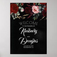 Burgundy Red Floral Black Wedding Welcome Sign