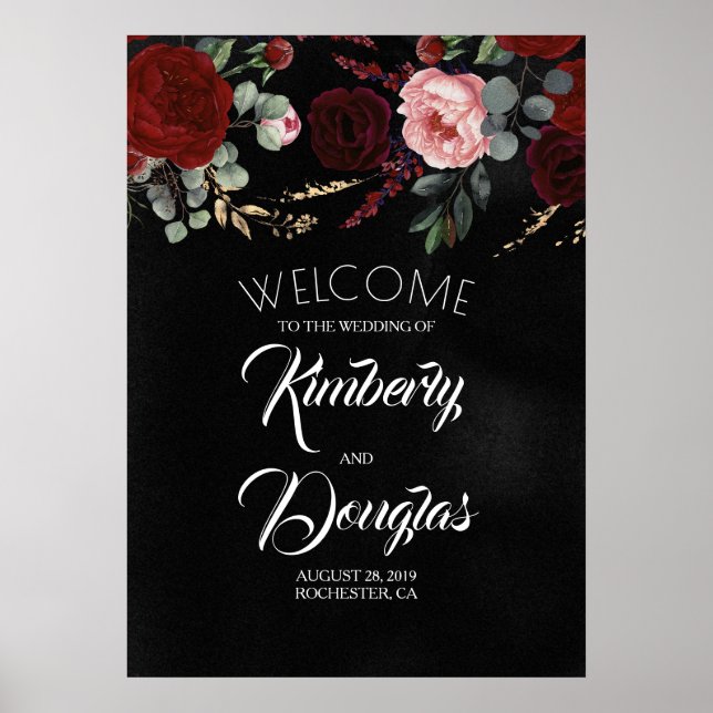 Burgundy Red Floral Black Wedding Welcome Sign (Front)