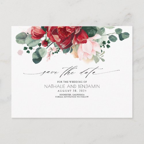 Burgundy Red Floral Bohemian Save the Date Postcard
