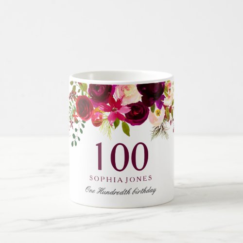 Burgundy Red Floral Boho 100th Birthday Gift Coffee Mug