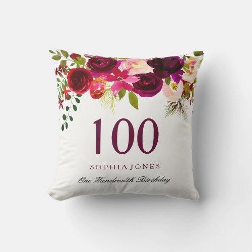 Burgundy Red Floral Boho 100th Birthday Gift Throw Pillow