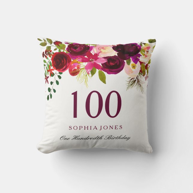 Burgundy Red Floral Boho 100th Birthday Gift Throw Pillow (Front)