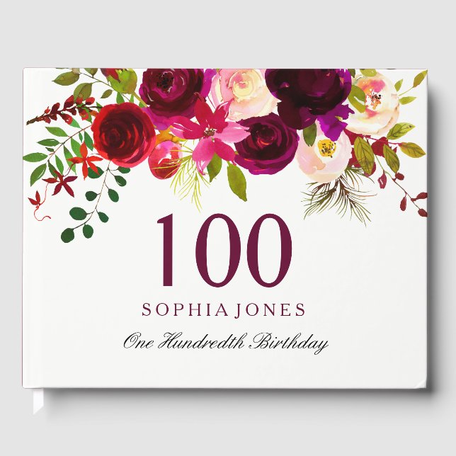 Burgundy Red Floral Boho 100th Birthday Guest Book (Front)