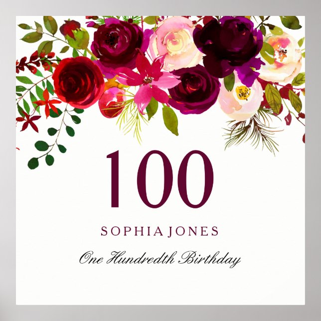 Burgundy Red Floral Boho 100th Birthday Party Poster (Front)