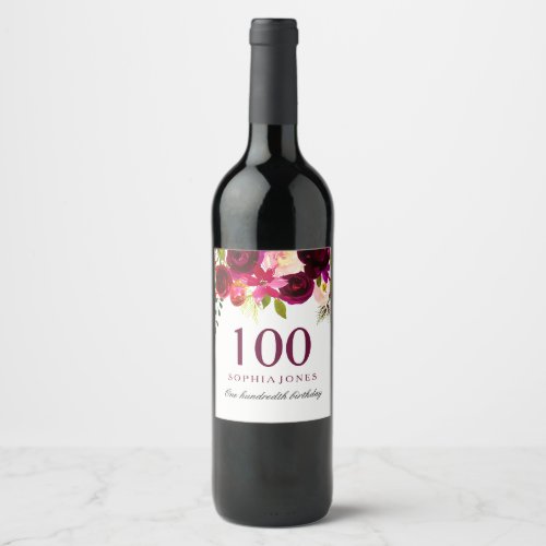 Burgundy Red Floral Boho 100th Birthday Party Wine Label