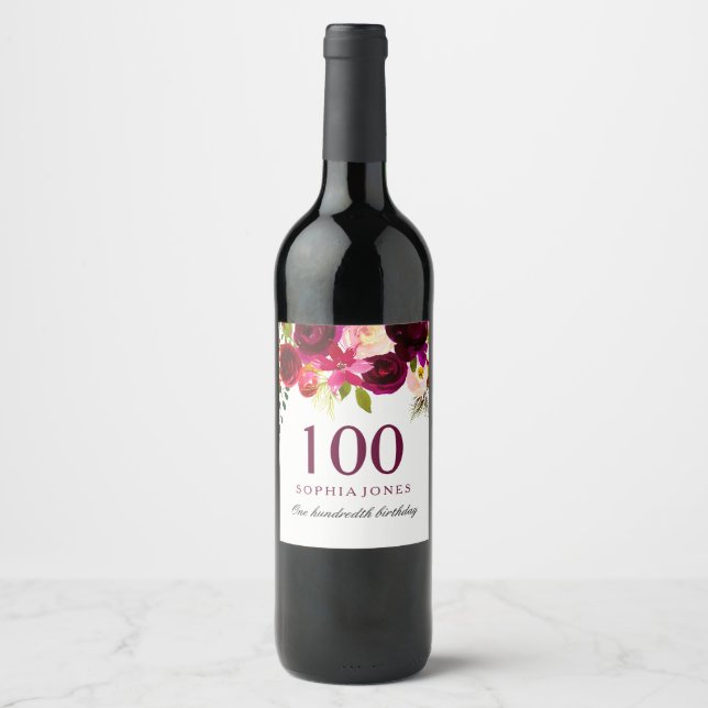 Burgundy Red Floral Boho 100th Birthday Party Wine Label (Front)