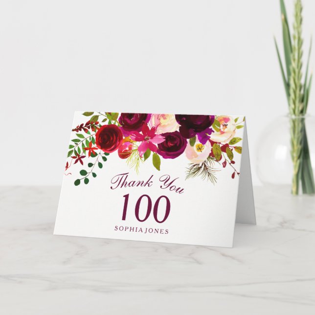 Burgundy Red Floral Boho 100th Birthday Thank You (Front)