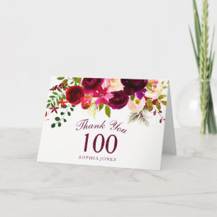 Burgundy Red Floral Boho 100th Birthday Thank You Card