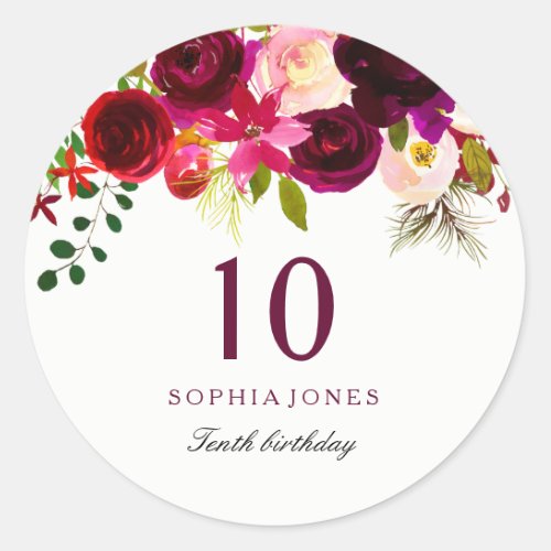 Burgundy Red Floral Boho 10th Birthday Party Classic Round Sticker