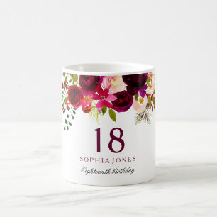 Burgundy Red Floral Boho 18th Birthday Gift Coffee Mug