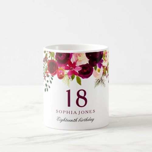 Burgundy Red Floral Boho 18th Birthday Gift Coffee Mug