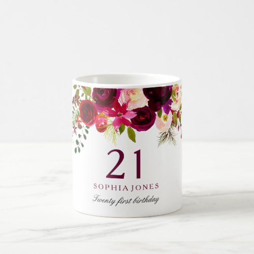 Burgundy Red Floral Boho 21st Birthday Gift Coffee Mug