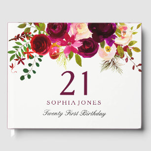 Burgundy Red Floral Boho 21st Birthday Party Guest Book