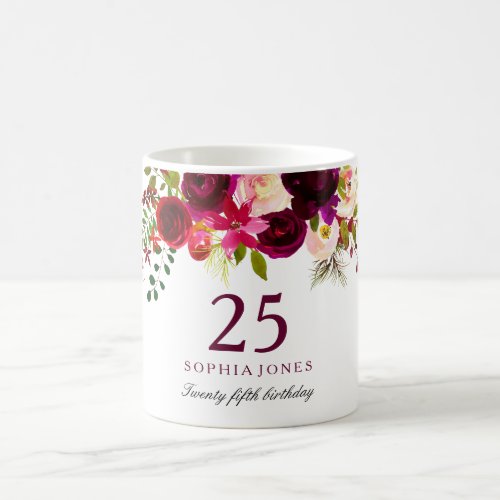 Burgundy Red Floral Boho 25th Birthday Gift Coffee Mug