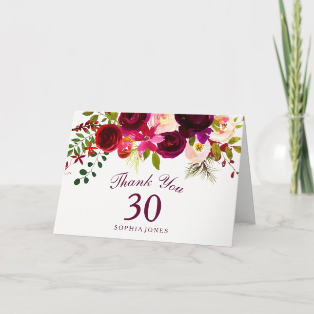Burgundy Red Floral Boho 30th Birthday Thank You Card (Front)