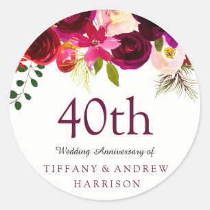 Burgundy Red Floral Boho 40th Wedding Anniversary Classic Round Sticker