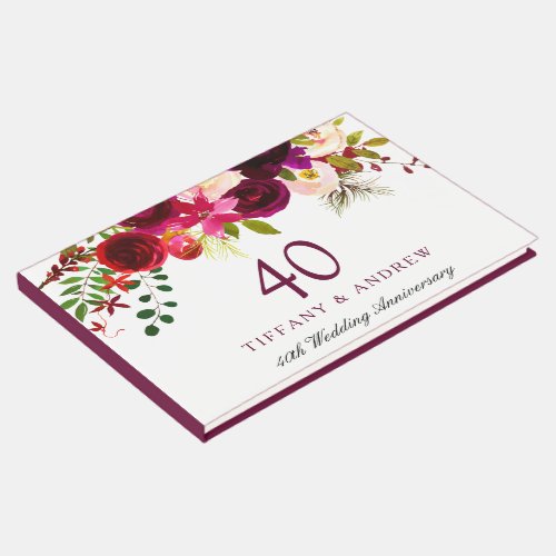 Burgundy Red Floral Boho 40th Wedding Anniversary Guest Book
