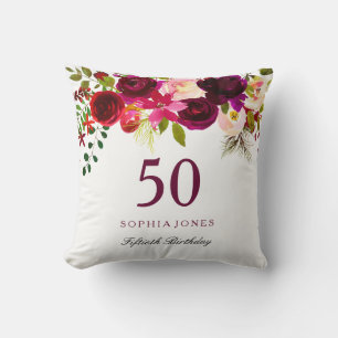 Burgundy Red Floral Boho 50th Birthday Gift Throw Pillow