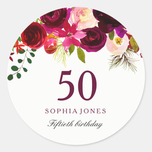 Burgundy Red Floral Boho 50th Birthday Party Classic Round Sticker (Front)