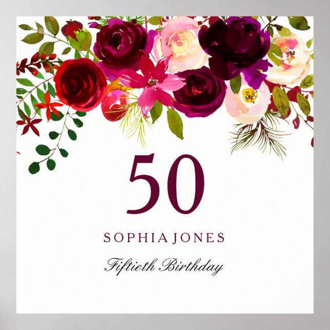Burgundy Red Floral Boho 50th Birthday Party Poster (Front)