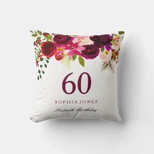 Burgundy Red Floral Boho 60th Birthday Gift Throw Pillow