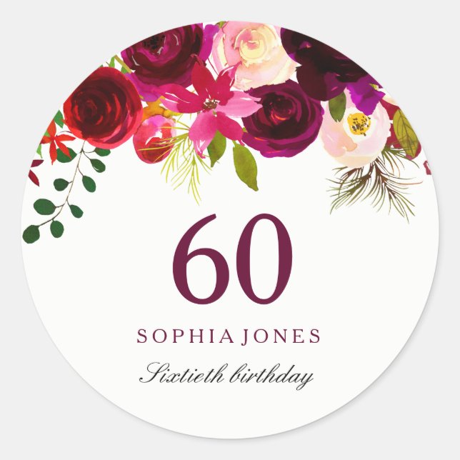 Burgundy Red Floral Boho 60th Birthday Party Classic Round Sticker (Front)
