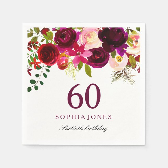 Burgundy Red Floral Boho 60th Birthday Party Napkins (Front)