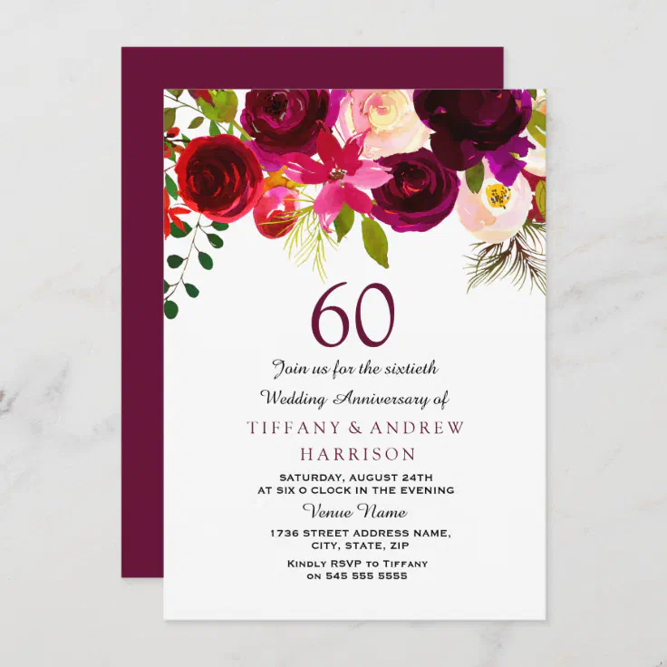 Burgundy Red Floral Boho 60th Wedding Anniversary Invitation | Zazzle