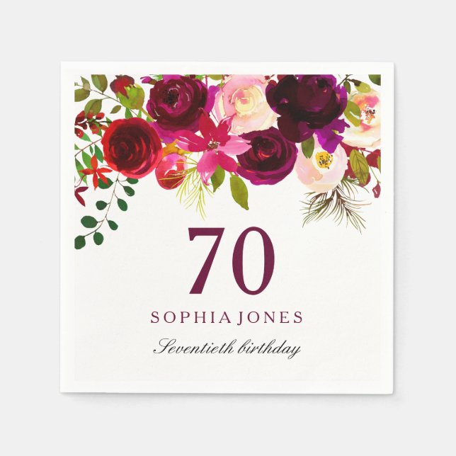 Burgundy Red Floral Boho 70th Birthday Party Paper Napkins (Front)