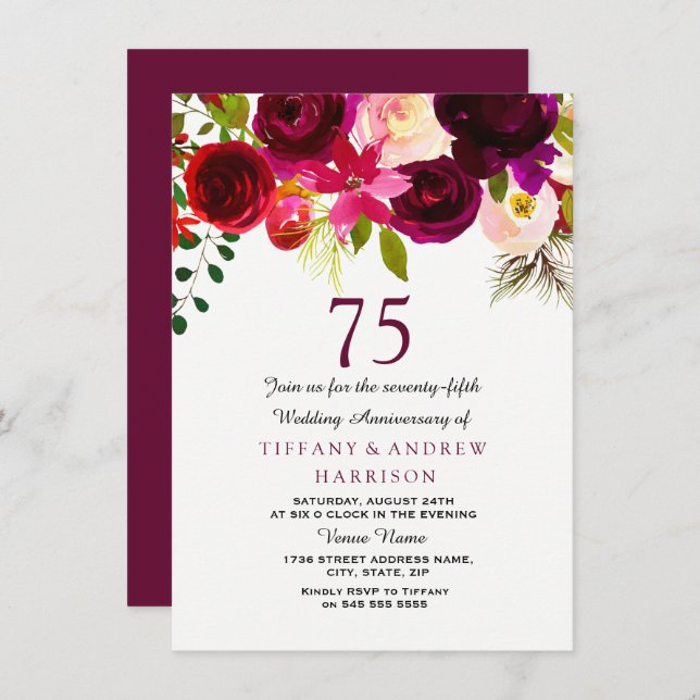 Burgundy Red Floral Boho 75th Wedding Anniversary Invitation (Front/Back)