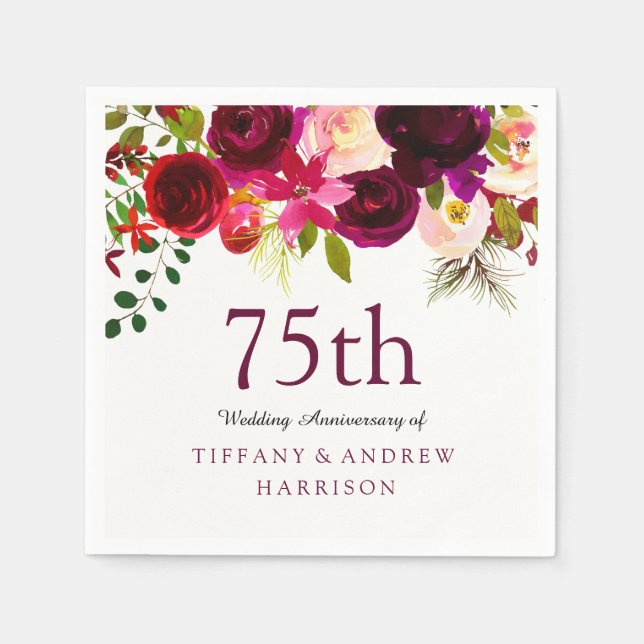 Burgundy Red Floral Boho 75th Wedding Anniversary Paper Napkins (Front)